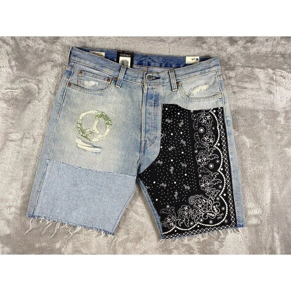 Levi’s 501 Patchwork Shorts Black Bandanna, Distress 34 - Picture 7 of 16